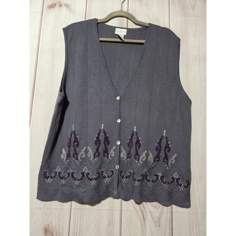 Koret Womens Purple Wool Blend Embroidered Beaded Button Front Sweater Vest L